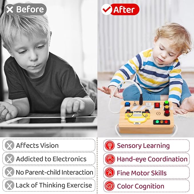 Montessori Busy Board Wooden Sensory Toys with LED Light Up Switch Travel Toys for 1+ Year Old Toddler Baby Boys Girls Gifts (Taxi Busy Board)