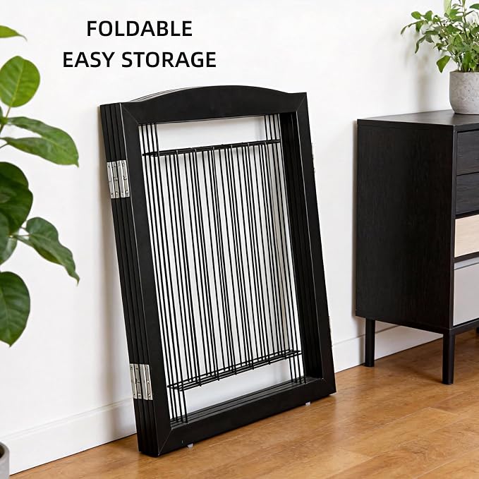 Dog Fence Indoor,Dog Gate Indoor for Doorway pet gate -4-Panel Freestanding, Hallways, House or Stairs -80x24-Inch Retractable Foldable Expandable Wood Pet by SFJC (Black) ﻿