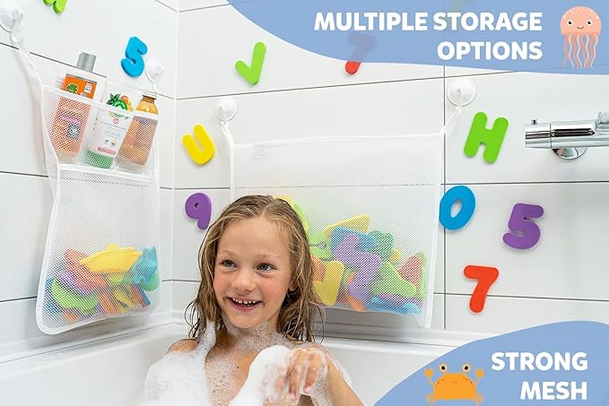 2 x Mesh Bath Toy Organizer + 8 Ultra Strong Hooks ??The Perfect Bathtub Toy Holder & Bathroom or Shower Caddy ??These Multi-use Net Bags Make Baby Bath Toy Storage Easy ??For Kids & Toddlers