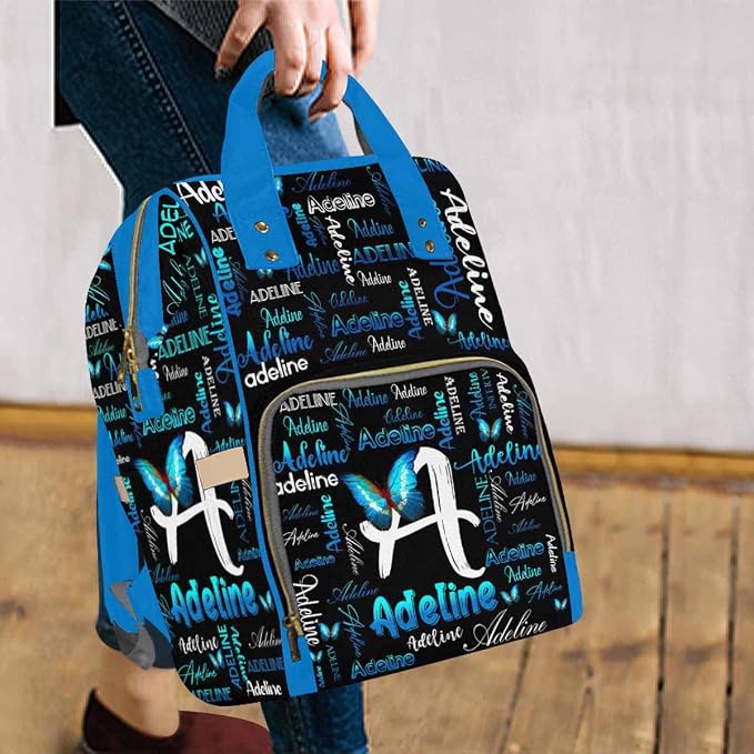 InterestPrint Personalized Diaper Bag with Name Custom Blue Butterfly Monogram Diapering Bags Customized Signature Mommy Nappy Bag Fashion Backpack Shoulder Bag Casual Daypack Bag for Travel Outside