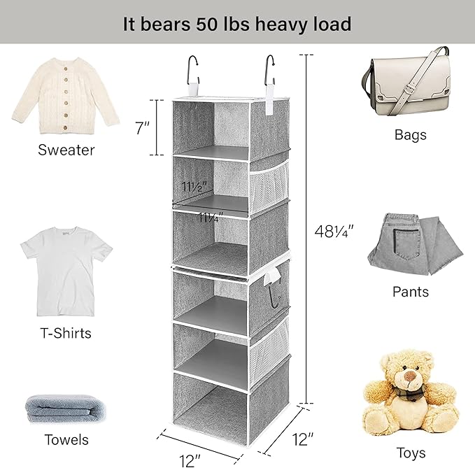 StorageWorks 6-Shelf Closet Organizers, Two 3-Shelf Separable Hanging Shelves for Closet, 12" D x 12" W x 48 ¼"Hï¼?Canvas, Gray