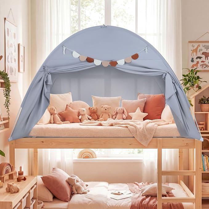 Costzon Toddler Bed Tent, Twin Size Indoor Canopy Tent for Kids w/ 2 Windows, Flag Banner, Brushed Fabric Privacy Playhouse, Portable Play Tent for Bunk Bed, Playroom, Suits 3+ Boys & Girls (Grey)