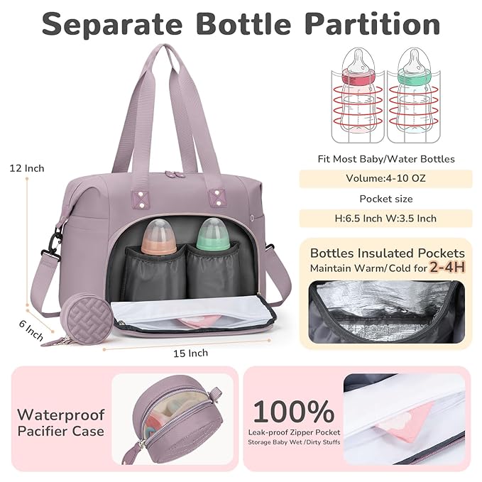 Tenot Diaper Bag Tote with Pacifier Case, Baby Bag for Women with Shoulder Straps, Travel Diaper Tote for for Mom and Dad Medium Size, Purper
