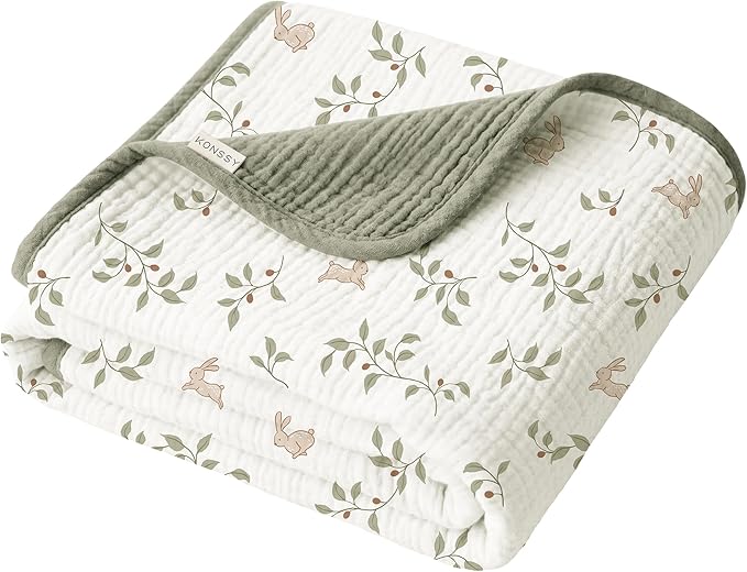 Konssy Muslin Baby Blankets for Girls Boys, 100% Cotton Crib Blanket for Baby Infant Toddler, Super Soft and Lightweight Nursery Blankets 40"x36"（Rabbit