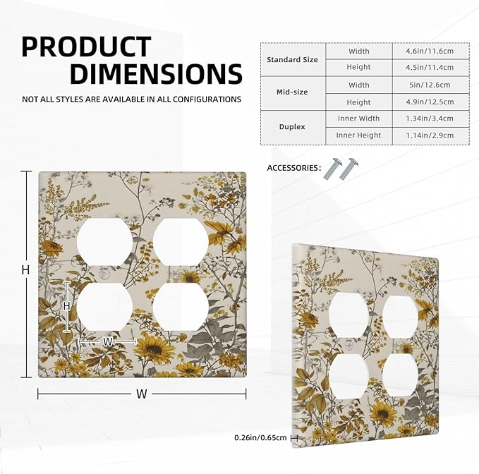 Boho Wildflowers Daisies Sunflowers Plant Floral Outlet Covers 2 Gang Double Duplex Decorative Light Switch Covers Electrical Wallplates Socket Faceplate for Bedroom Living Room Decor