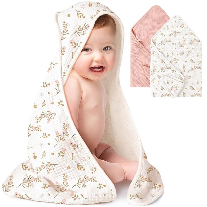Konssy 2-Pack Muslin Hooded Baby Towels, 100% Cotton, Ultra-Soft & Absorbent Baby Bath Towels with Hood for Newborn & Infant (Pink, Floral,32" x 32")