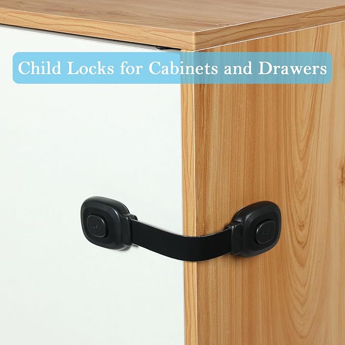 Fursafe&Q Cabinet Locks Baby Proofing, Child Safety Strap Locks Adhesive Black - Child Proof Fridge Lock Drawer Door Toilet Latches No Drill Multi-Purpose for Furniture Kitchen Lock