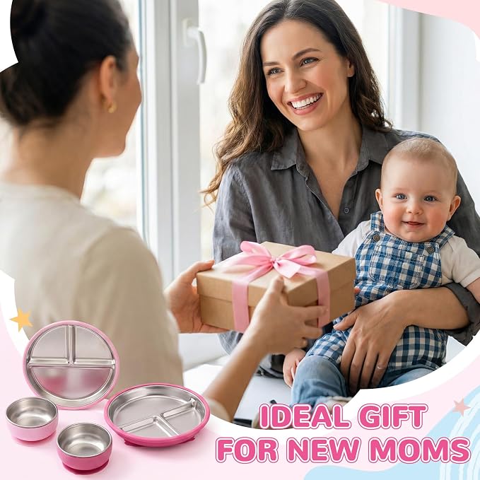 Havawish 4 Pcs Stainless Steel Baby Plate and Bowl with Suction, 8.3" Kid Divided Plate 4" Toddler Bowl with Removable Silicone, BPA-free Non-slip Baby Feed Set Dishwasher Safe for Boy Girl (Violet)