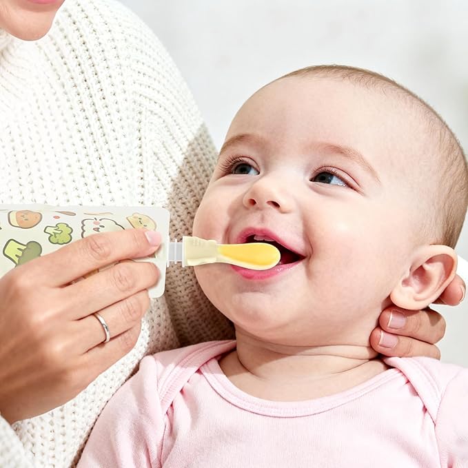 Baby Food Pouch Spoon Attachment (5-Pack, Blossom) ??Designed for Small Mouths & Stage 1 Weaning ??Ultra-Soft Silicone Feeder for Sensitive Gums ??Universal Fit Pouch Topper with Travel Cases