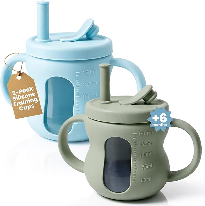 Silicone Sippy Training Cups with Straw 2-Pack, 6 oz Leak Proof Toddler Cups for Babies 6??6 Months, Bottle Weaning Cup Set, BPA Free Silicone with Handles, Green and Blue