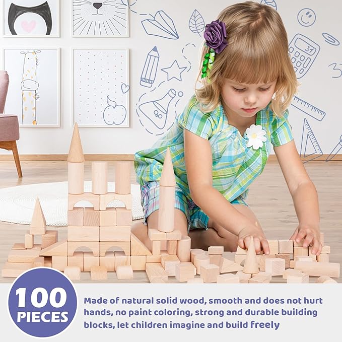 100Pcs Wooden Building Blocks Set- Wood Stacker Stacking Blocks Game Toys for Toddlers, Multiple Shapes, Toddles Blocks- Baby Wooden Blocks for Kids Learning and Playing