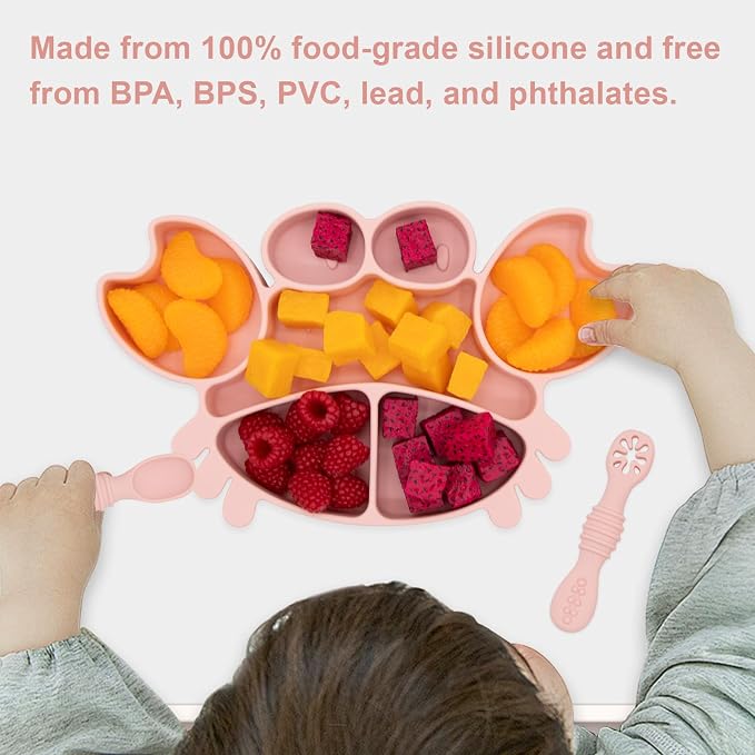 BabyX Silicone Feeding Set (3 PCs) Cove & Coast Series, Baby Plate with Suction Cup, Training Spoon and Fork, BLW Utensils for Toddler Kid, BPA-Free, Microwave/Dishwasher Safe - Pink Crab