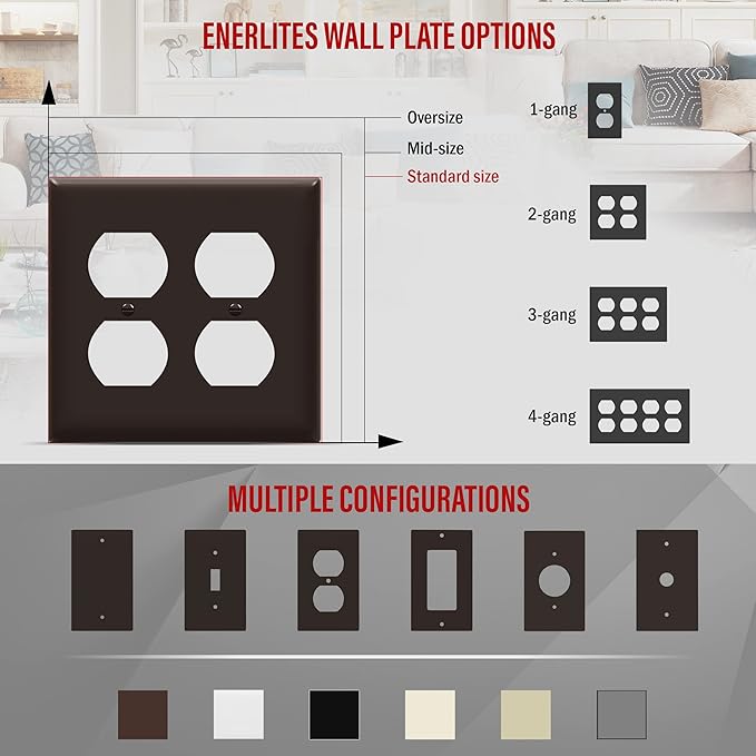 ENERLITES Double Duplex Wall Plate, Two Gang Electrical Outlet Cover, Standard Size 2-Gang 4.5" x 4.57", Unbreakable Polycarbonate Thermoplastic, UL Listed, 8822-BR, Brown