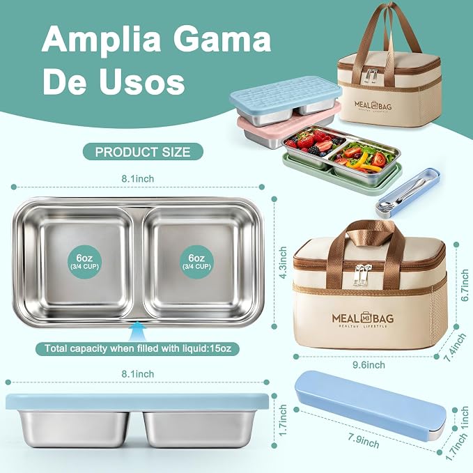 3 Pack 15 oz Stainless Steel Snack Containers for Kids | Metal Snack Box with Silicone Lids,2 Compartment Stackable Toddler Lunch Containers with Insulated Bag for School Travel