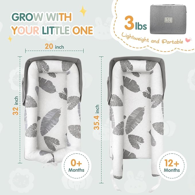 Portable Baby Lounger - Foldable Infant Lounge with Adjustable U-Shaped Bumper & Storage Bag, Breathable Cotton Snug Spot for Supervised Rest & Play at Home or On The Go,Gray Leaf