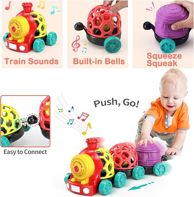 WEEJOYGAM Train Baby Toys 6-12 Months, Infant Soft Cars for Toddlers 1-3 Boy Easter Basket Stuffers Birthday Gift 6 7 8 9 10 Month 1 Year Old Boy Cause Effect Montessori Musical Push Truck Ball Rattle