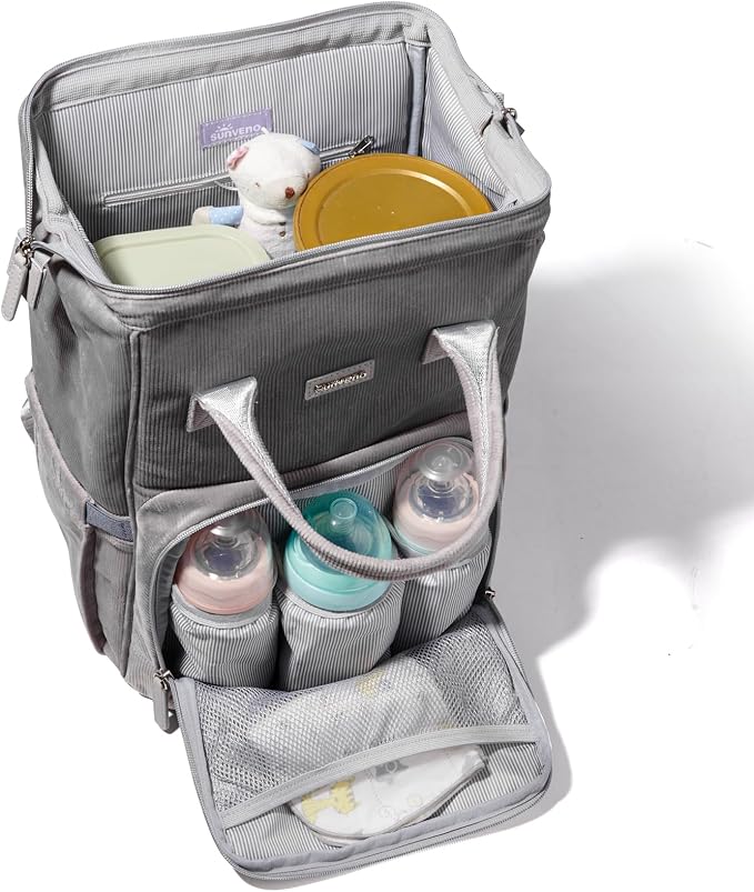 SUNVENO Velvet Stitching Diaper Bag Backpack Large Capacity Tote Shoulder Nappy Bag Organizer for Baby Care with Insulated Pockets,Waterproof Fabric, Grey