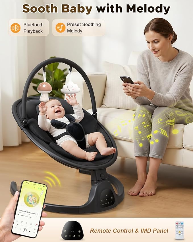 Baby Swing for Infants, Infant Swing with 5 Swing Speed, Built-in Lullabies, 5-Point Harness, Electric Infant Swing with Bluetooth for Indoor & Outdoor Use (Black)