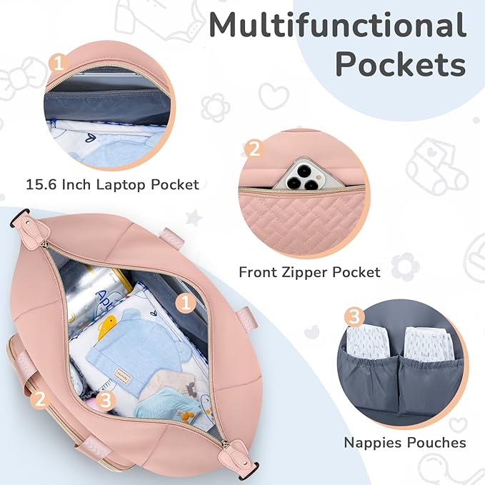 Tenot Diaper Bag Tote with Pacifier Case, Baby Bag for Women with Shoulder Straps, Travel Diaper Tote for for Mom and Dad Pink
