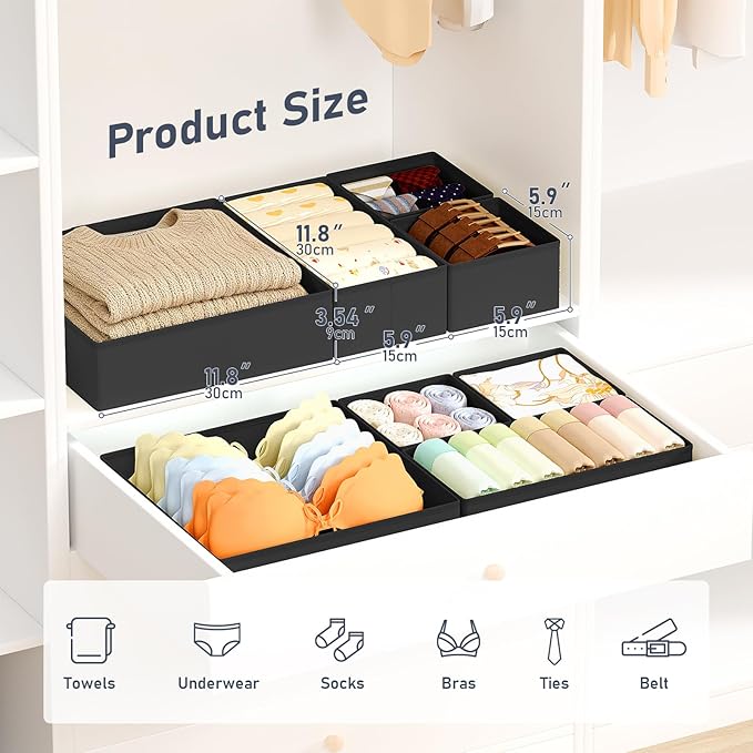 DIMJ Drawer Organizer Clothes, 30 Pack Dresser Organizer, Foldable Closet Organizers and Storage, Fabric Dresser Bins, Drawer Dividers for Nursery, Baby Clothes, Underwears, Sock,Black