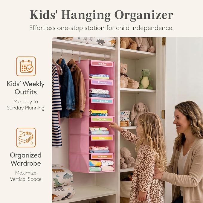 Lifewit 6 Shelf Weekly Clothes 0rganizer for Kids, Baby Hanging Closet Storage with Color Labels for School Outfits, Todder Daily Clothing Divider with Days of The Week Monday to Friday Weekend, Pink