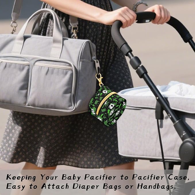 Soccer Ball Green Lightning Print Pacifier Holder Case for Diaper Bag Portable Travel Pacifier Storage Case with Clip Newborn Baby Pouch for Outdoor Purse Baby Boys Girls