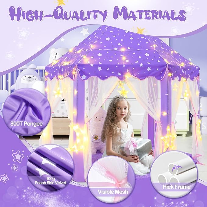 Princess Tent with Large Star Lights for Girls Age 4-7, Kids Play Tent for Indoor, Castle Playhouse for Toddlers, Purple Princess Toy 55x53 inch