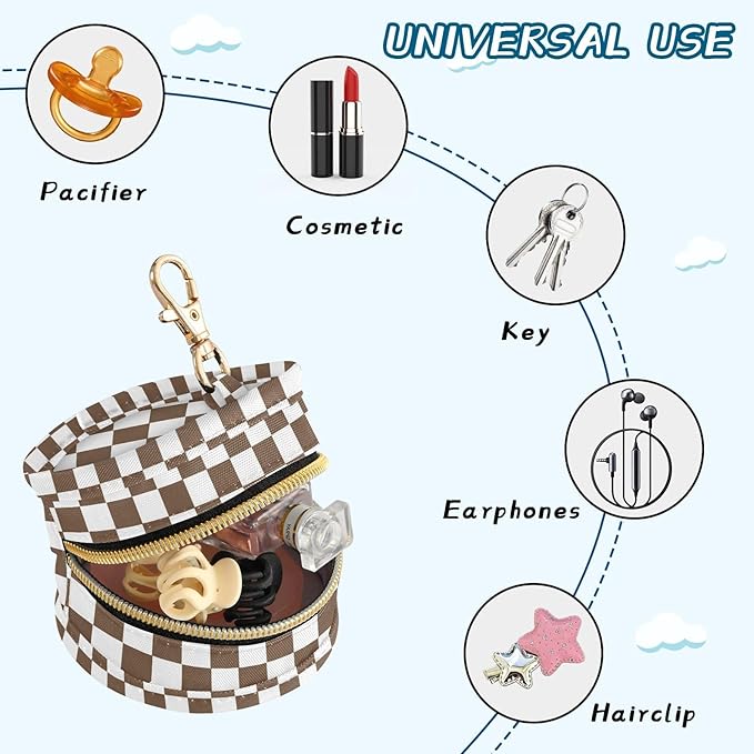 Checkered Plaid Coffee Pattern Pacifier Holder Case with Metal Clip Portable Pacifier Holder for Baby Boys Girls