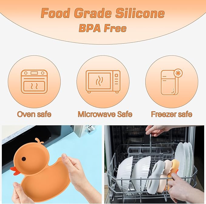 Baby Suction Plate, Silicone Toddler Plate for Kids Baby Weaning Plate Strong Suction Divided Dish with Fork Spoon, BPA Free (Orange) (Orange)