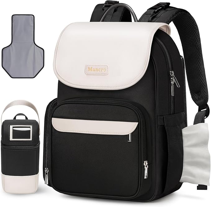 Mancro Small Diaper Bag Backpack with Changing Pad, Stylish Diaper Bag with Insulated Bottle Pocket, Water Resistant Baby Bags for Mom for Travel with Stroller Straps, Black-White