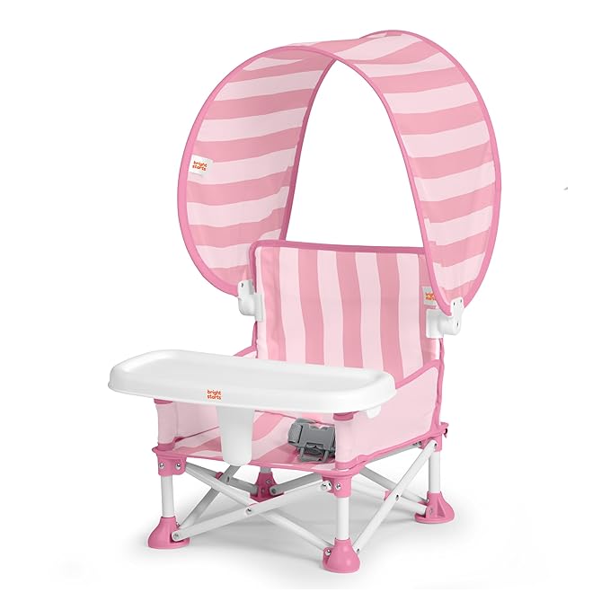 Bright Starts Pop 'N Sit Cabana Portable Booster Chair with UPF Canopy, Floor Seat for Indoor/Outdoor Use, Compact Fold, Pink, 6 Months?? Years