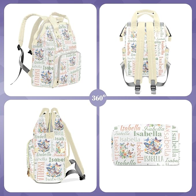 Custom Diaper Backpack, Upgraded Large Capacity Baby Bag, Personalized Changing Backpack With Name, Multifuction Mommy Bag With Insulated Pocket for Girls, Butterfly Green