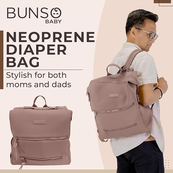 BUNSO Baby Neoprene Diaper Bag, Minimalist Backpack Diaper Bag with Pouch, Changing Pad, and Stroller Straps, Water Resistant and Lightweight Baby Girl Diaper Bag, Diaper Bag Backpack, Mauve