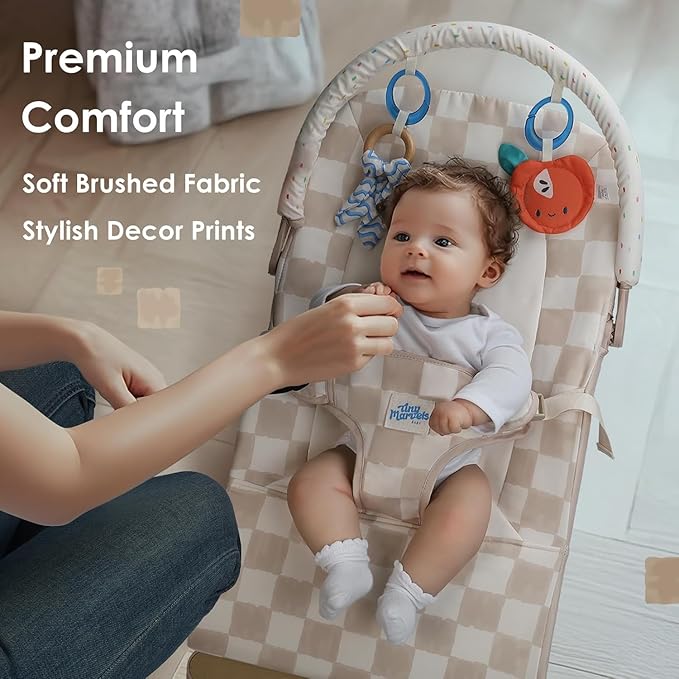 Tiny Marvels Baby Bouncer Seat 0–12 Months, Ergonomic Portable Design with 3-Point Harness, Soothing Music & Removable Bar, Foldable Baby Seat for Newborns & Toddlers Under 20 lbs