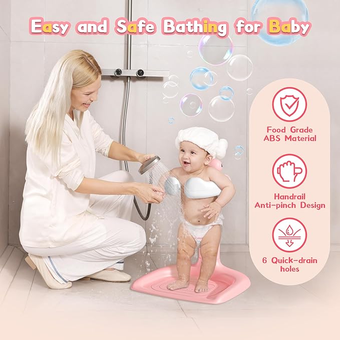 JUNEU Baby Shower Stand, Adjustable Height Baby Bath Stand with Enlarged Anti-Slip Base, Toddler Shower Standing Support, Soporte para Bañera de Bebe, Ideal Gift for Infant 6??6 Months (Pink Duck)