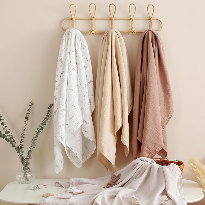 POMISO Muslin Swaddle Blankets for Boys & Girls, Newborn Receiving Blankets, 4 Pack Soft Breathable Baby Swaddles, Large 47x47 Inches, Leaves & Warmth Colors