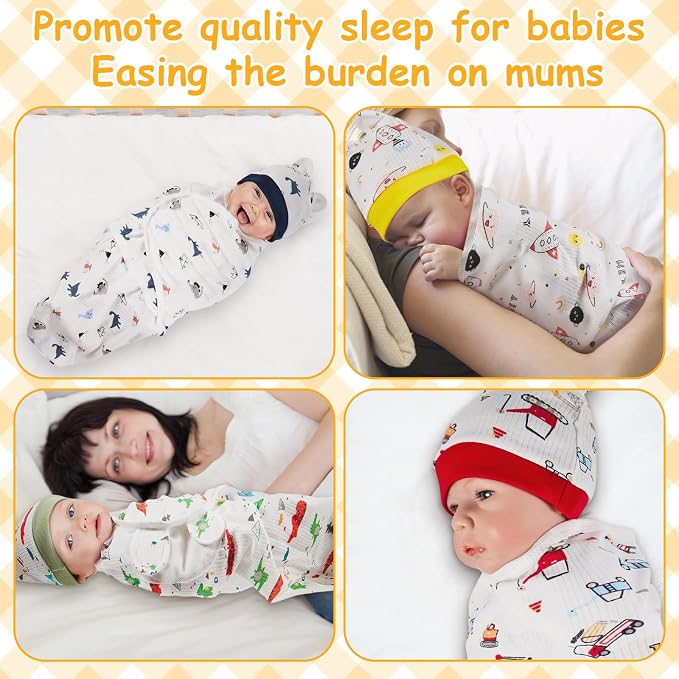 Ramede 6 Pack Swaddle Blanket with Hats for Baby Girl Boy 100% Cotton Swaddles 0-3 Months, Adjustable Breathable Skin Friendly Receiving Blanket Wrap, Essential for Newborns(Rocket,Colorful)