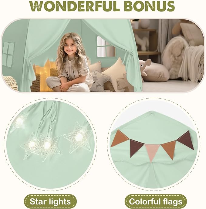 Extra Large Toddler Play Tent & Kids Tent Play Tents with Flags & Star Lights, Portable & Foldable Teepee, Bed Canopy for Boys & Girls, Indoor Outdoor JoyHut Dome Tents Playhouse, 59x39x59 in,Green