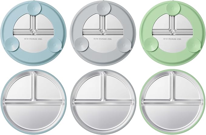 HaWare 3 Pack Stainless Steel Baby Suction Plates, 9 Inch Divided Toddler Plate with Removable Silicone Sleeves, Non Toxic & BPA Free Kids Feeding Set, Dishwasher Safe (Blue/Gray/Green)