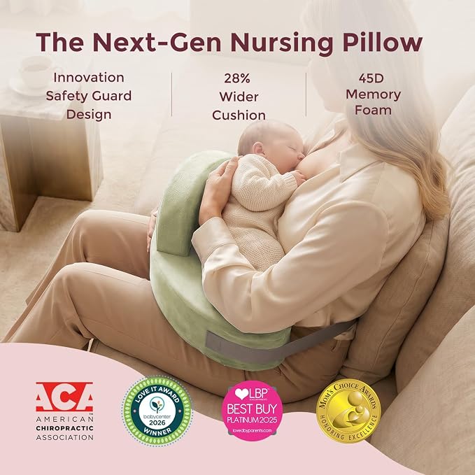 Momcozy Innovative Safety Guard Nursing Pillow - Firm & Springy Memory Foam - Stable, Ergonomic Support & Comfort - Wider Breastfeeding Cushion, Adjustable, Removable Cover, Green