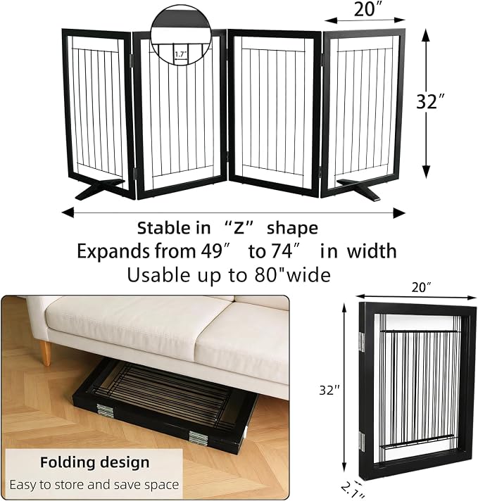 Dog Fence Indoor - 4-Panel Freestanding Dog Gate for Doorways, Hallways, House or Stairs -80x32-Inch Retractable Foldable Expandable Wood Pet by SFJC (Black)