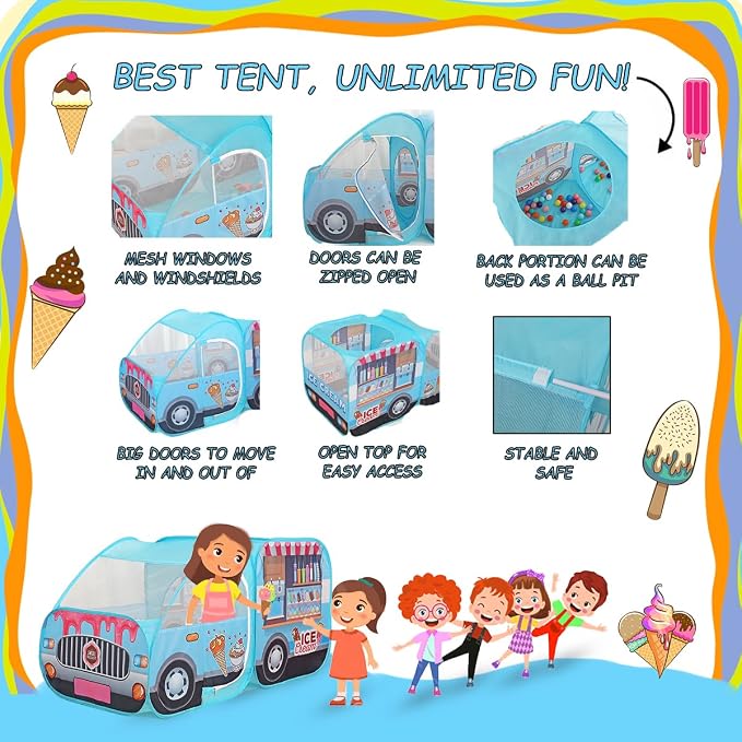 Ice Cream Truck Pop Up Kids Play Tent | Includes Carrying Case |, Children Indoor Icecream Playhouse for Boys, Toddlers, 25.6" D x 55" W x 29.5" H (Ice Cream)