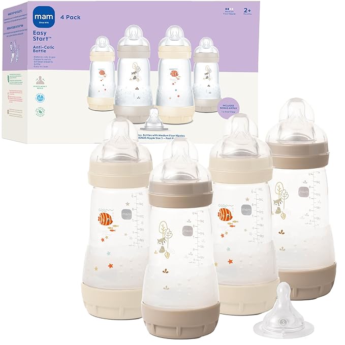 MAM 9oz Easy Start Anti-Colic Wide Neck Baby Bottle, Medium Flow Breastfeeding-Like Nipple, Reduces Colic Gas & Reflux, Easy to Clean, BPA Free, 2+ Months, Bonus Fast Flow Nipple, 4 Pack