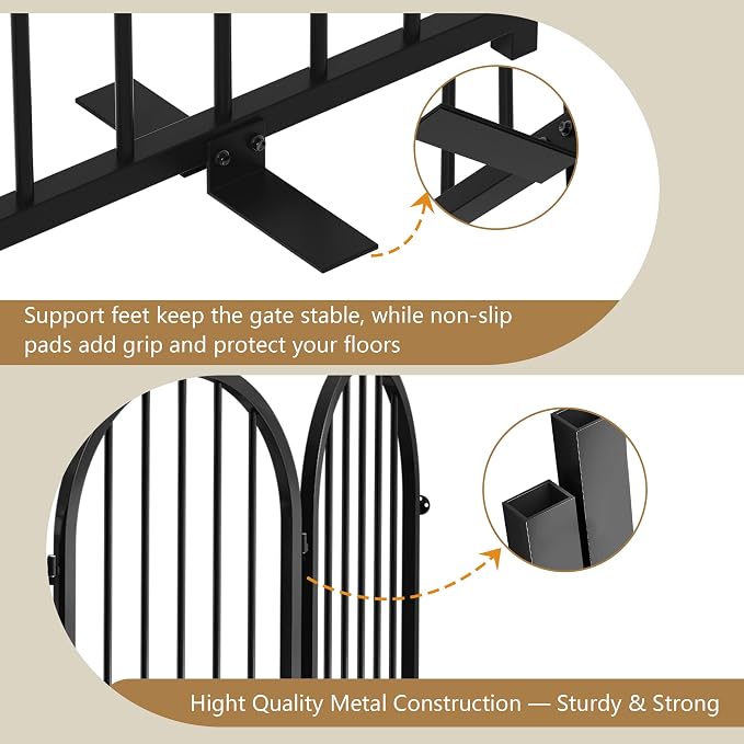 PUPETPO Full Metal Dog Gate for Indoor Outdoor, 32" Tall Free Standing Pet Dog Fence, 36" Wide Arched Pet Gates for Stairs, Hallways, Doorways, Kitchen, Decks, Yards (Black, 2 Panels)