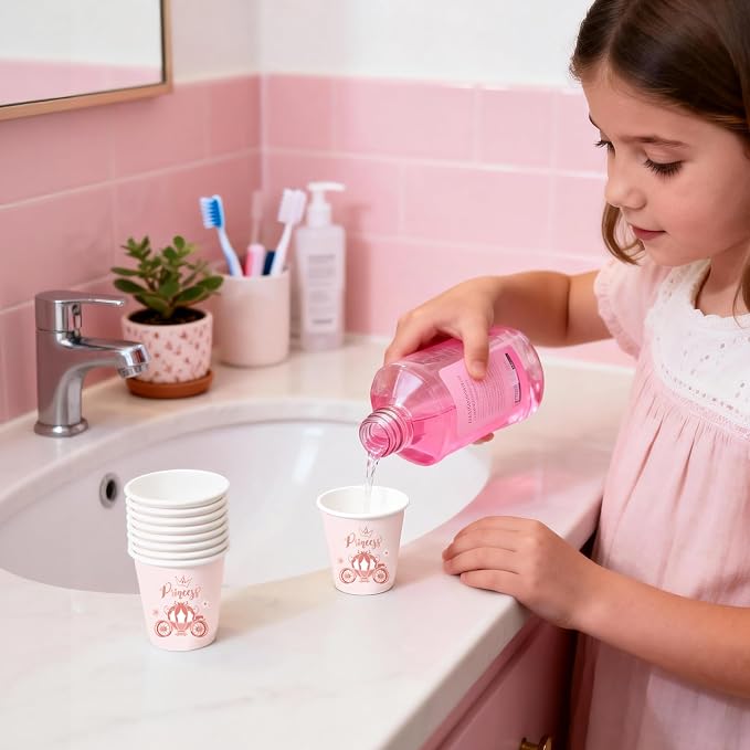 WRAPAHOLIC 3oz Paper Cups - 100 Pack Disposable Bathroom Cups with Pink Princess Design, Small Mouthwash Cup for Toothbrush Rinse, Home Bathroom, Picnic, BBQ, Travel and Baby Girl Party