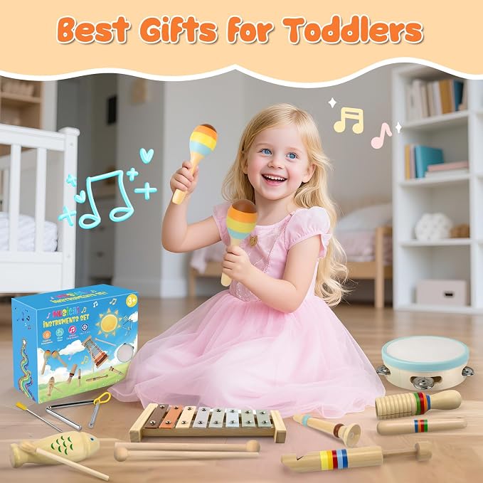 Baby Musical Instruments-Montessori Wooden Toys for Toddlers 1-3 Neutral Colors Percussion Instruments Set with Modern Boho Xylophone for Kids Preschool Educational,Includes Storage Bag
