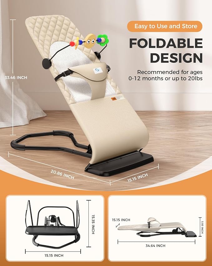 Baby Bouncer, Bouncer Seat for Babies 0-12 Months,Ergonomic Baby Seat Breathable and Comfortable Cushion with 3-Height Adjustments, Infant Rockers Portable Folding and Detachable