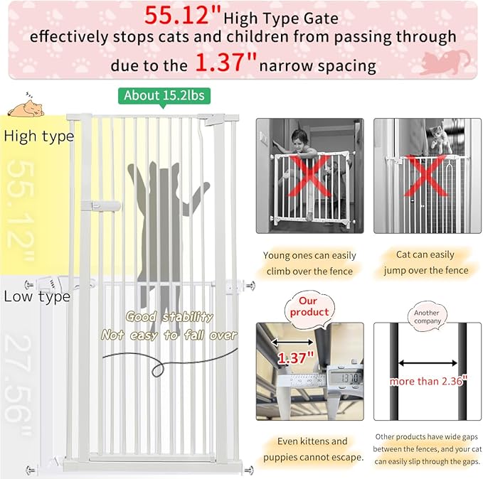 Lumizone Extra Tall Cat Gate 55.12" High Pressure Mounted 29.92"-59.44" Extra Wide 1.37" Gap No Drilling Auto-Close One-Handed Operation Tall Pet Gate for Dogs(White, 55.12" H x 29.92"-59.44" W)