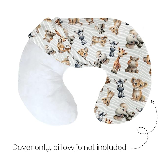HawSkgFub Safari Jungle African Animal Nursing Pillow Cover for Baby Boy Girl, Elephant Giraffe Lion Leopard Hippo Breastfeeding Pillow Slipcover, Stripe Nursing Pillowcase Newborn Infant, Cover Only