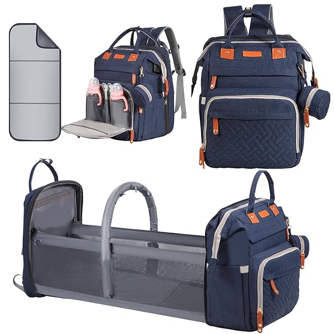 Diaper Bag Backpack with Changing Station and Toy Arch, 900D Waterproof Baby Travel Backpack for Mom and Dad, Large Capacity Maternity Bag with Insulated Pockets & USB Port, Blue